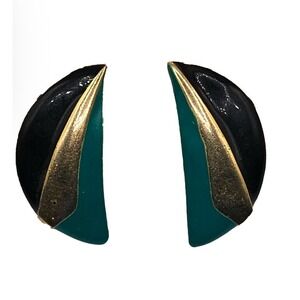 Vintage Wings Green Enamel Gold Tone‎ Pierced Leaf Earrings